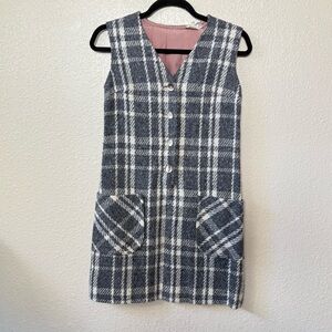 Vintage Fritzi Gray & Cream Plaid Sleeveless Shift Mini Dress Size 7